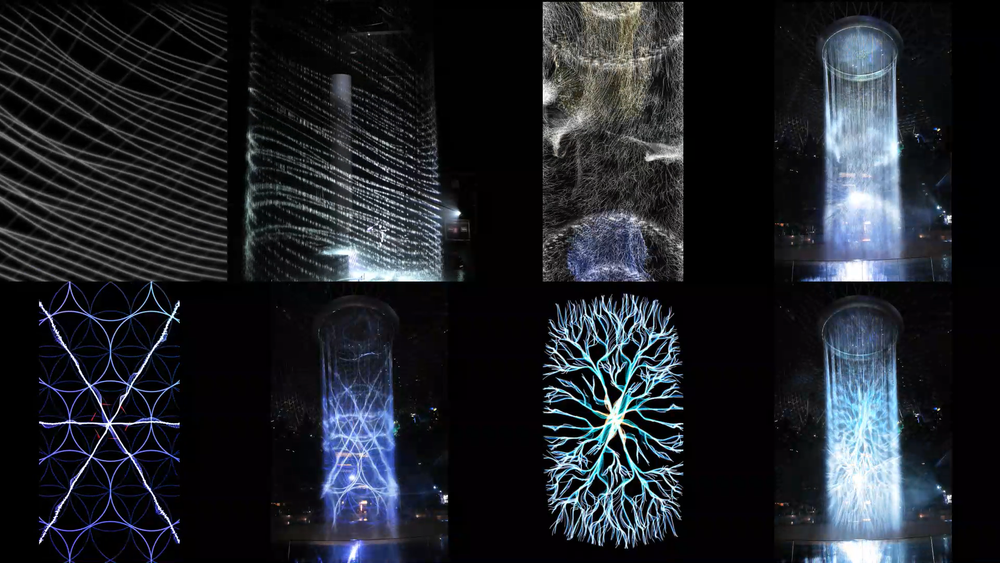 Frames from my animation content juxtaposed with photographs from the real space. You can see how the 2 dimensional imagery is extruded into massive volumetric light sculptures in the Jewel atrium. 