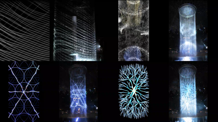 Frames from my animation content juxtaposed with photographs from the real space. You can see how the 2 dimensional imagery is extruded into massive volumetric light sculptures in the Jewel atrium. 