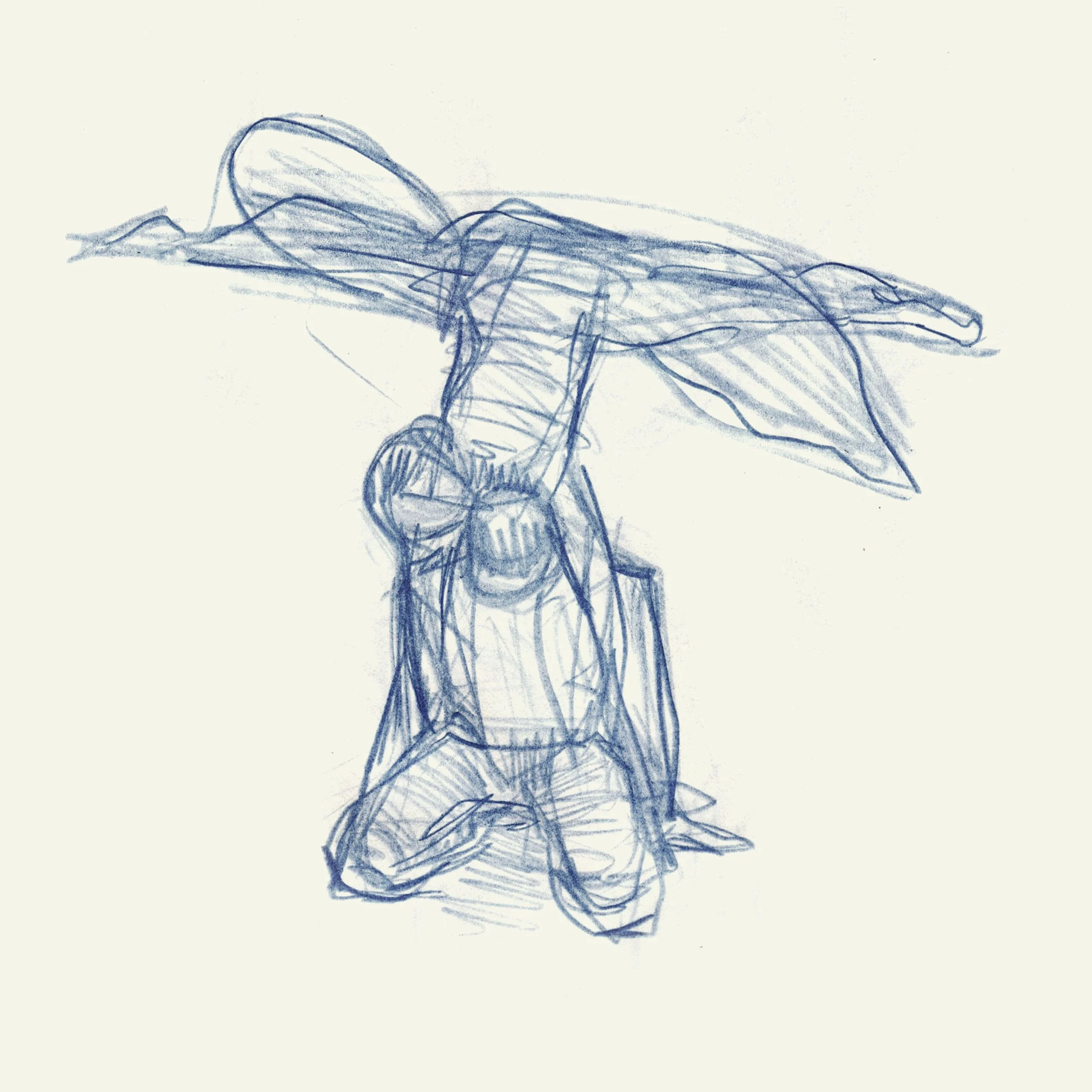 2014, Pencil on Post-It-Note, 4”x4”. This is a sketch of two dancers. I like this moment because the movement of the dancer's legs – her right leg is moving down and left leg is sweeping upwards. Together their bodies make a beautiful composition.