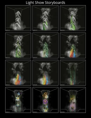 Storyboards from a musical show that I made for Spring 2020. This show utilizes light and fog to fill the space. There are some moments where the water trickles to a stop and the projection is carried by fog only. 