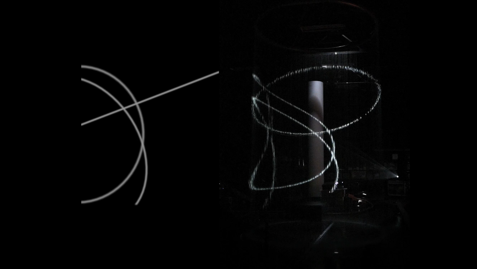 Some of my early content test. The cylindrical shape of the waterfall impacts the content design: a 2D horizontal line projected through a cylinder becomes a 3D circle in space. 