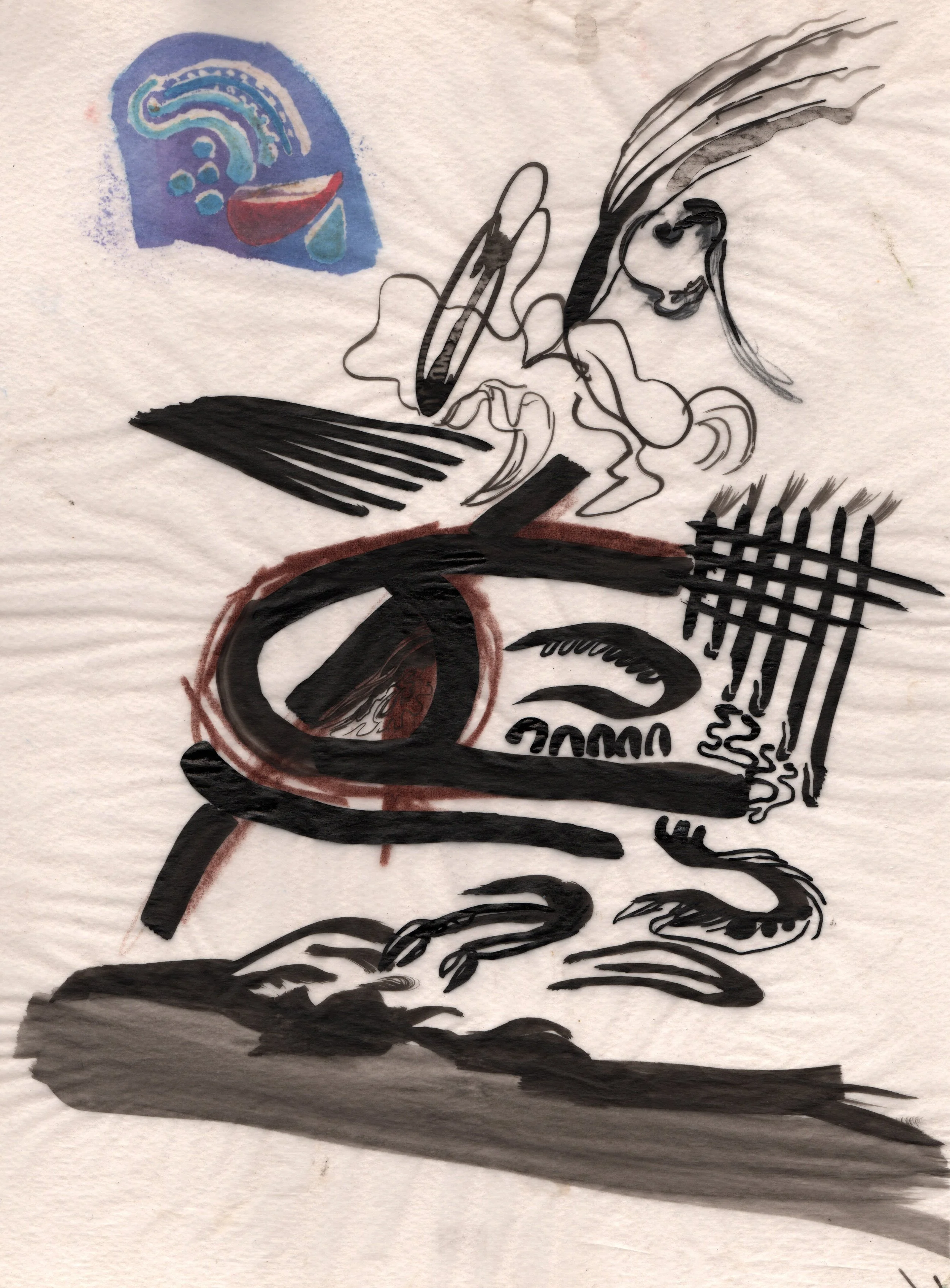 A drawing about language. There's paint on either side of the tracing paper, so you can see through it. Of course I didn't trace from anything.. but for some reason I liked the way that you can see paint on both sides of the image. I also remember at