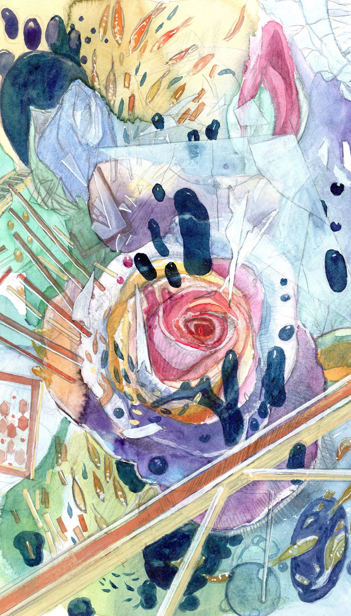 A stream of consciousness painting about broken frames, oil spills, floating petals, construction material, floating oil, tadpoles. 