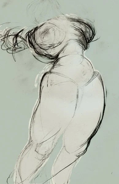 This is part of a series of drawings about the Ganges river, starting with a figure descending to Earth into Siva's matted locks of hair. The form started as a woman with an arched back drawn with kinetic circles, but then dissolved into a abstract g