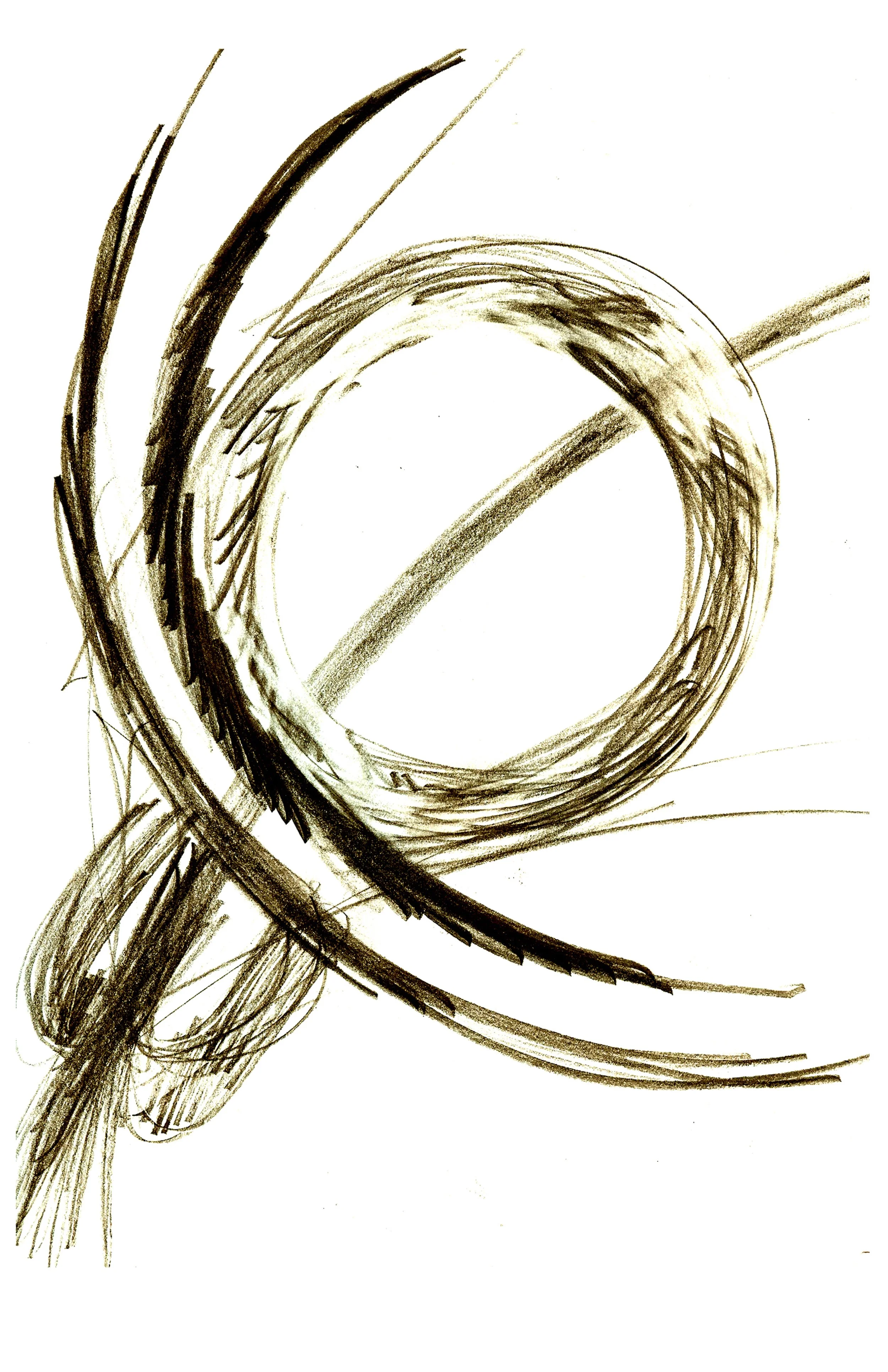This is part of a series of drawings about the Ganges river, starting with a figure descending to Earth into Siva's matted locks of hair. The form started as a woman with an arched back drawn with kinetic circles, but then dissolved into a abstract g