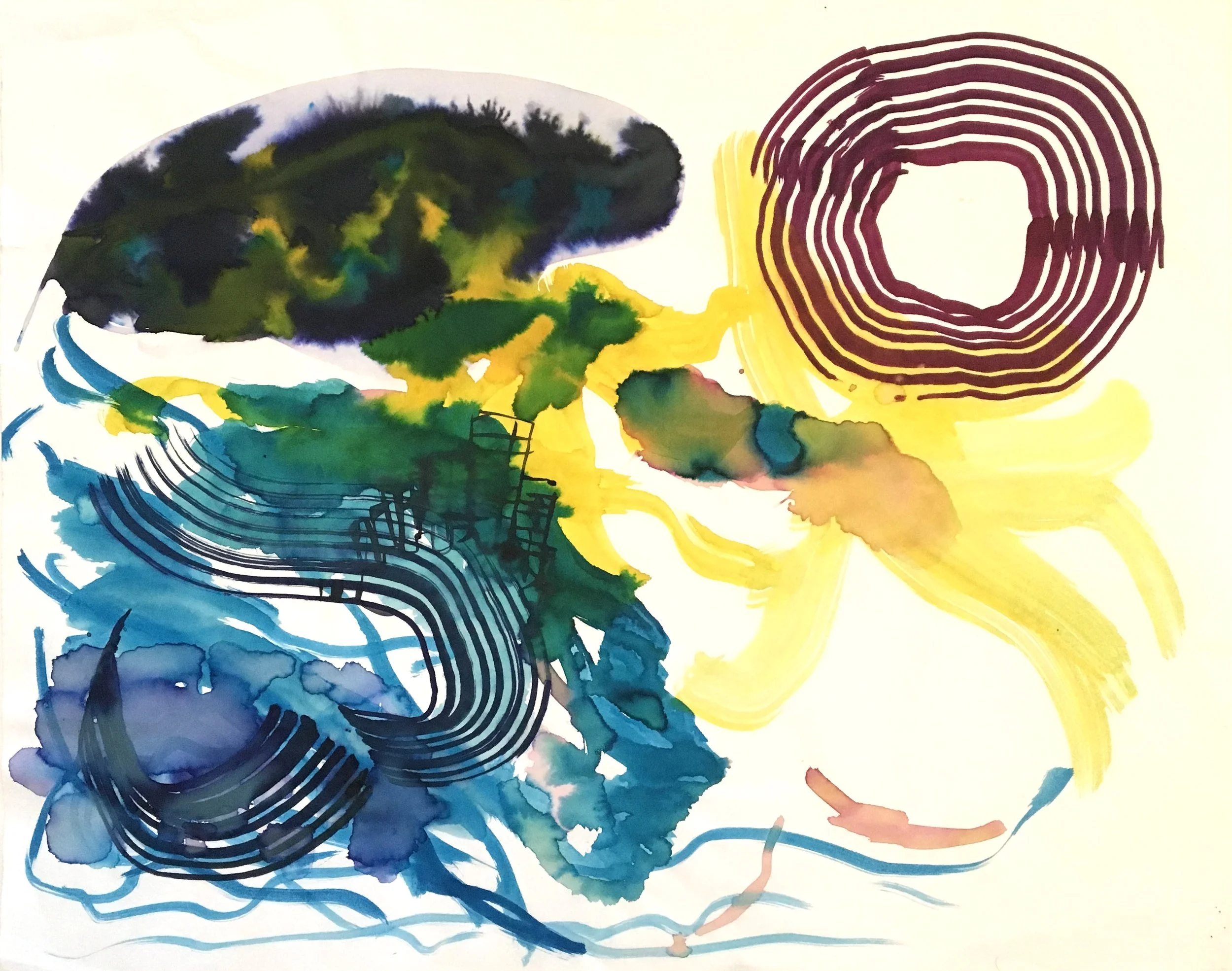 This is a painting I made on my floor with a ex right before we broke up. I filled up two empty yogurt cups with water and spilled printer toner onto the palette. We used housepaint brushes. 