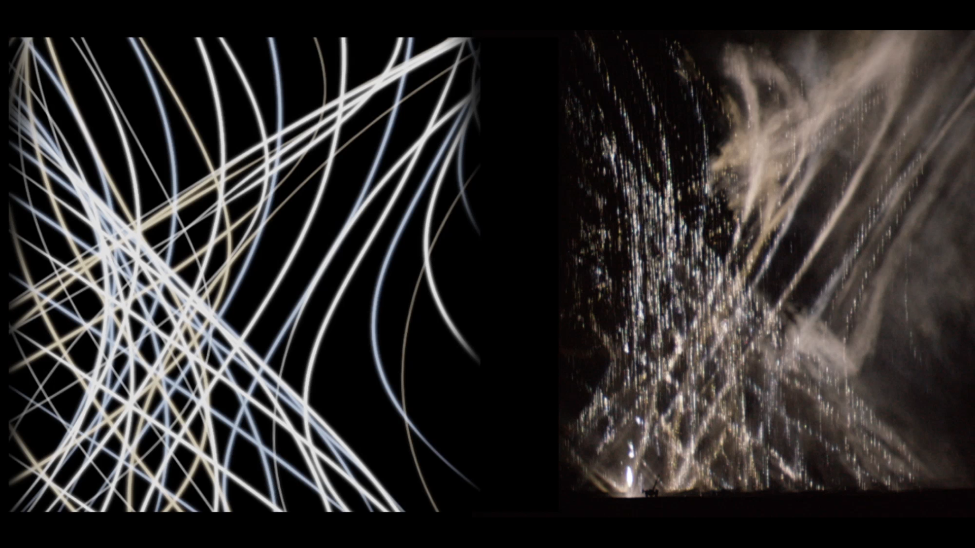 This is a still from one of many mockups that shows the projected content on the left, and a photograph of the content projected through water and mist on the right. The water extrudes the 2D image into a 3D volume. Furthermore, the wind and mist abs