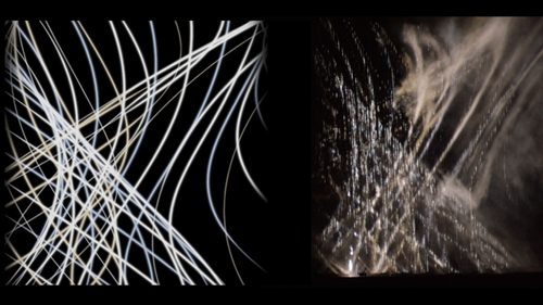 This is a still from one of many mockups that shows the projected content on the left, and a photograph of the content projected through water and mist on the right. The water extrudes the 2D image into a 3D volume. Furthermore, the wind and mist abs