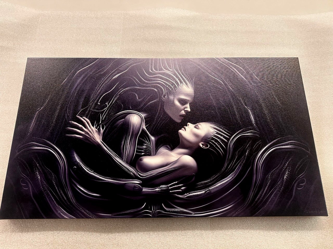 A black and white artwork depicting a futuristic and sensual scene with two women, one lying back and the other leaning over her, surrounded by flowing, metallic, abstract lines.