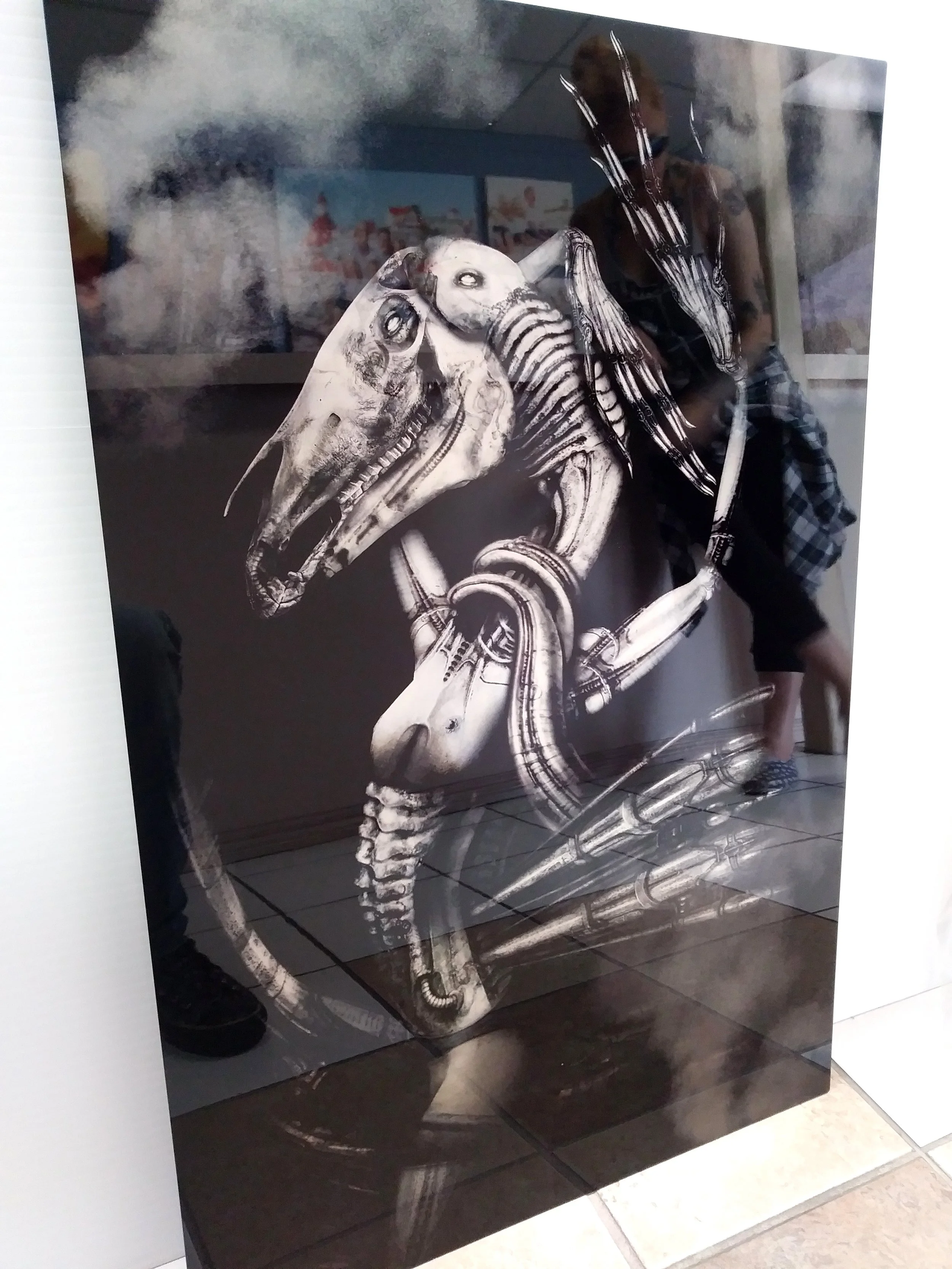 A reflective glass display case showing a skeletal horse and robot-like metallic parts, with a person standing behind it.