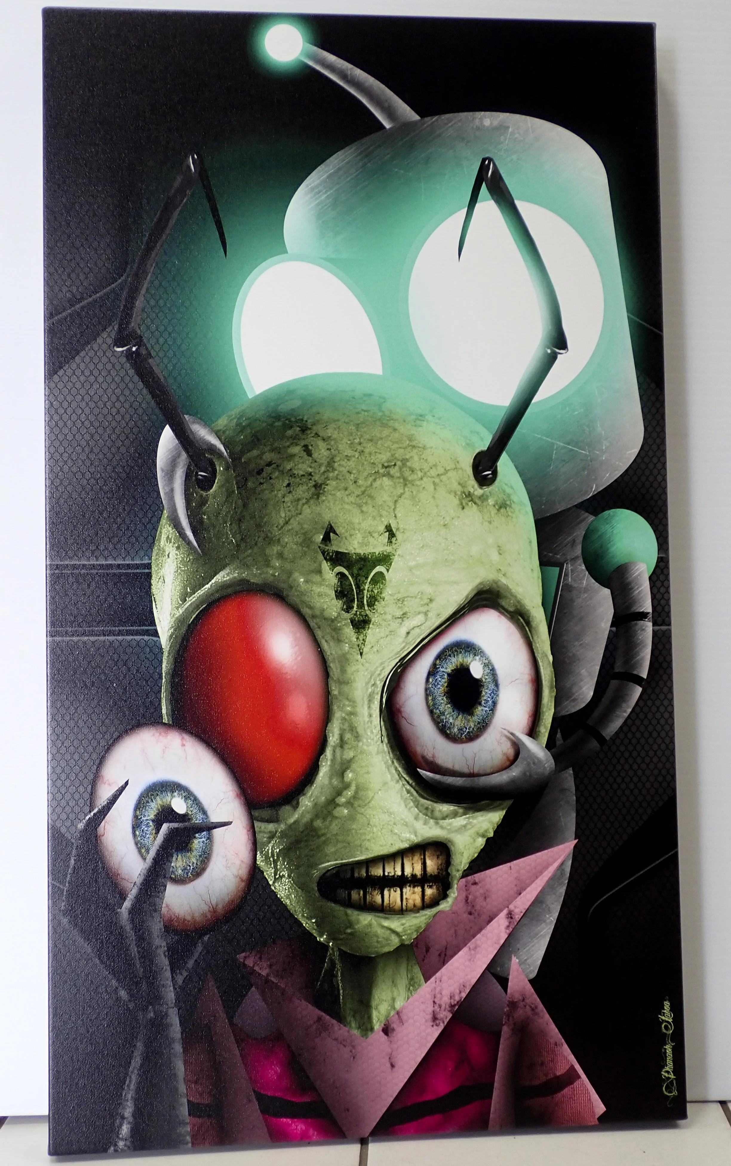 A surreal artwork depicting a green skull with large eyes, a red cheek, and a mouth with gold teeth. The skull has metal wires resembling antennae, with a glowing green light at the tip. There's a robotic face with bright white eyes and a metallic fa