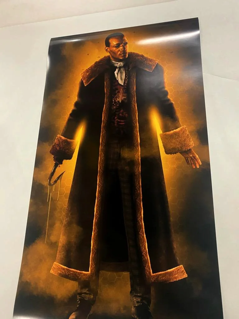 Poster of a man in a long coat with fur trim, holding an umbrella, and standing against a background with glowing effects.