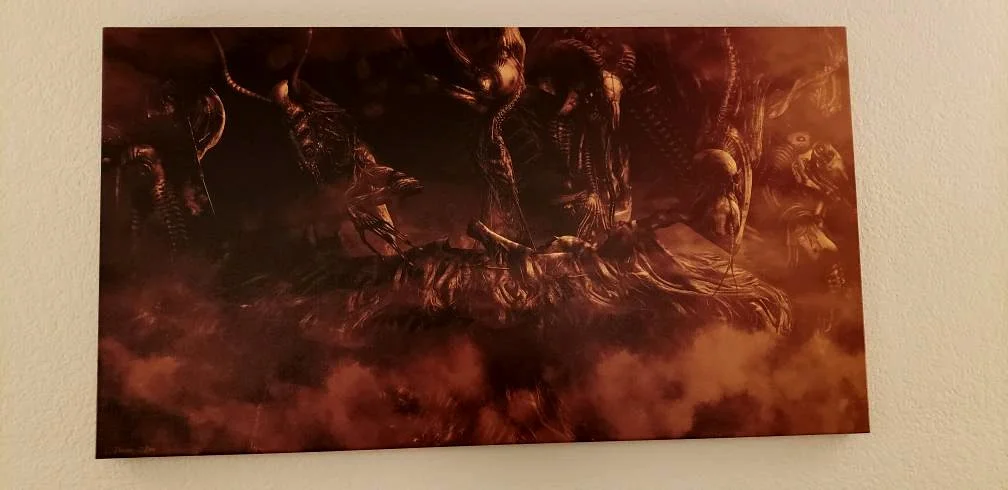 Dark fantasy artwork depicting a demonic armored figure with other monstrous entities in a fiery, smoky background.