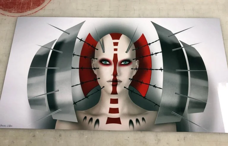 A surreal artwork of a humanoid face with intense makeup and piercing eyes, surrounded by metallic blades and barbed wires, creating a futuristic and edgy appearance.