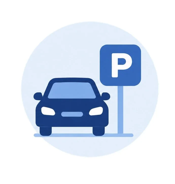 Icon of a car parked in a parking space marked with a 'P' sign.