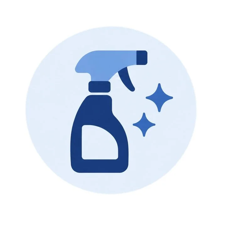 Icon of a spray bottle with sparkling effects, representing cleaning or disinfecting.