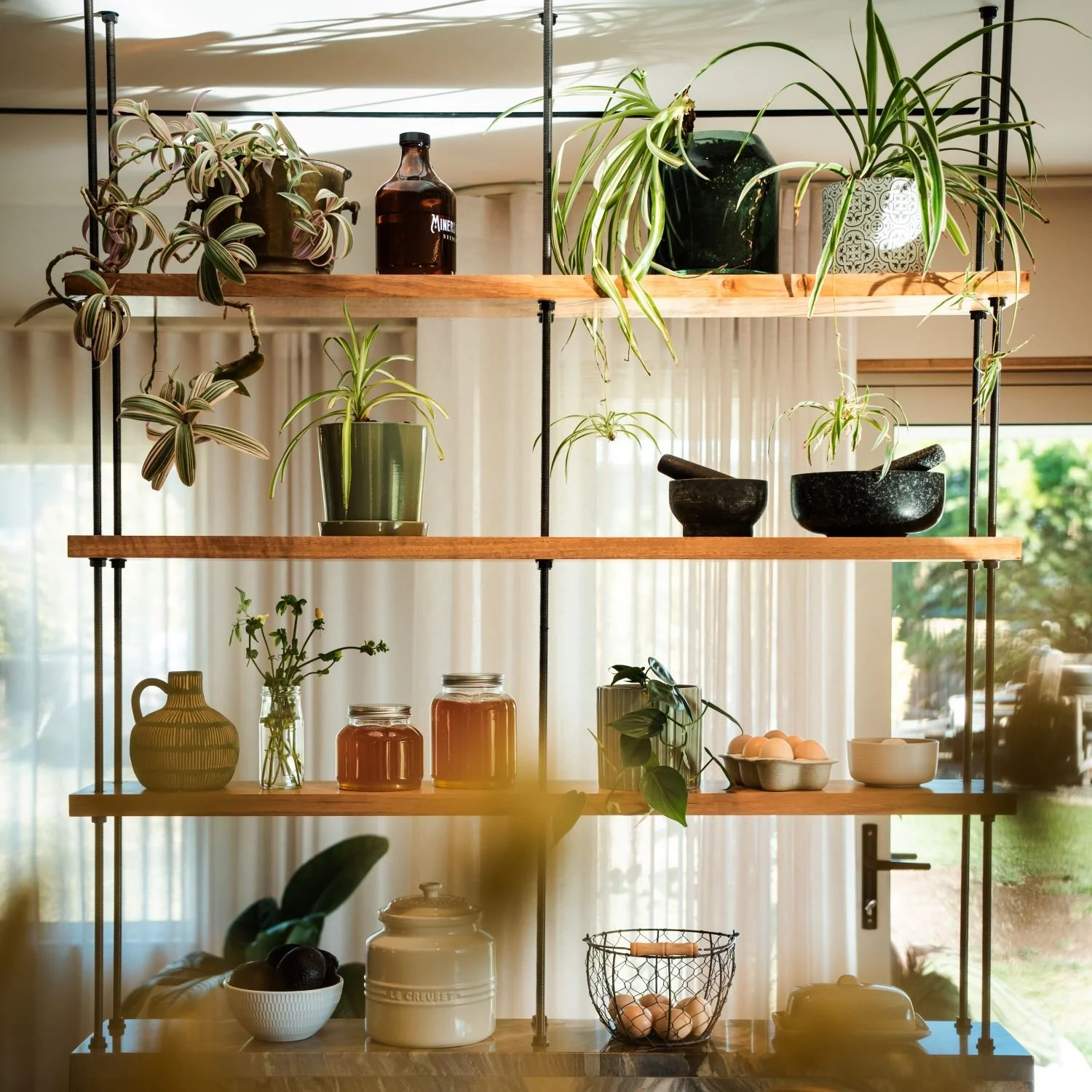 Custom kitchen joinery with open shelving  detail at Raeburn residence.