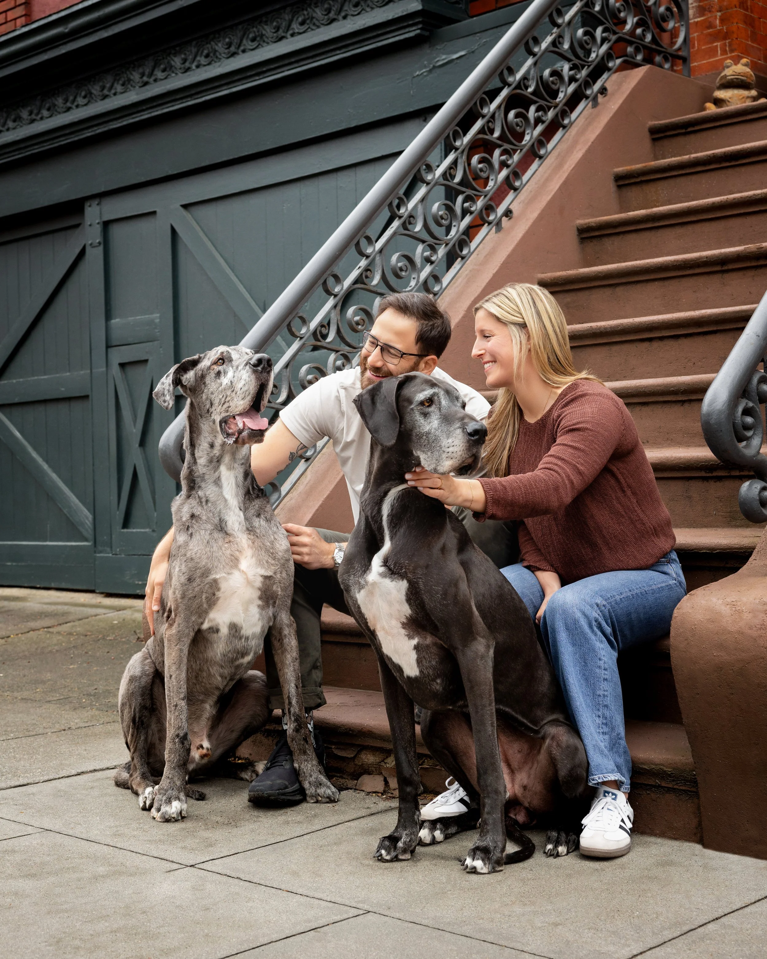 A man and woman sitting on stairs with three dogs, two large grey and black dogs and one smaller black dog, outside near a building with black trim and a garage door.