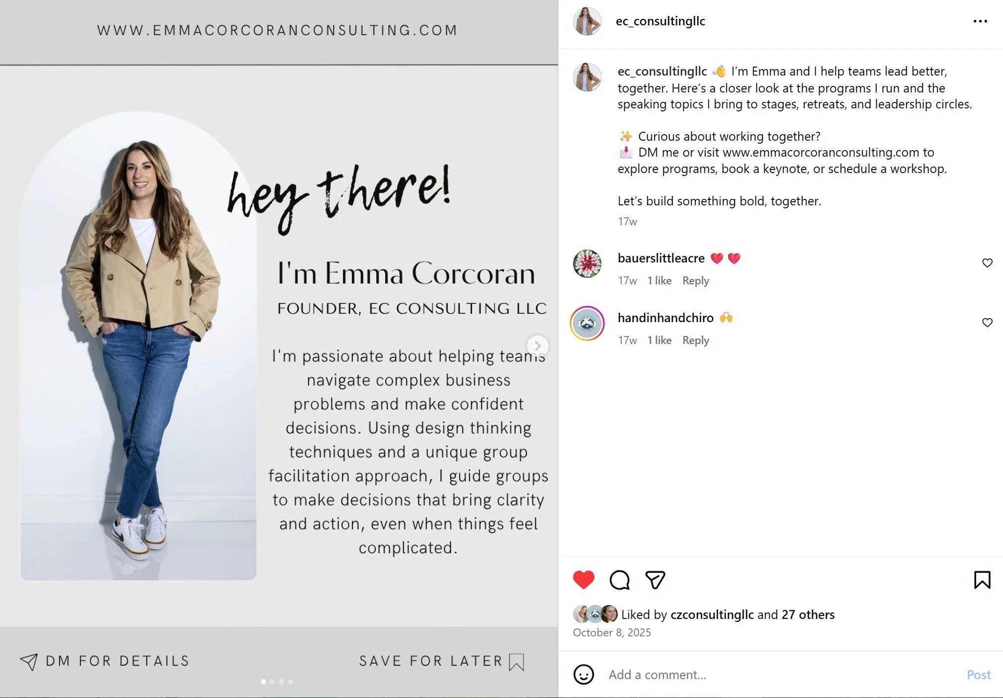 A promotional graphic introducing Emma Corcoran, founder of EC Consulting LLC. It features a photo of Emma with long blonde hair, wearing a beige jacket, white shirt, blue jeans, and white sneakers. The text includes her name and a brief description 