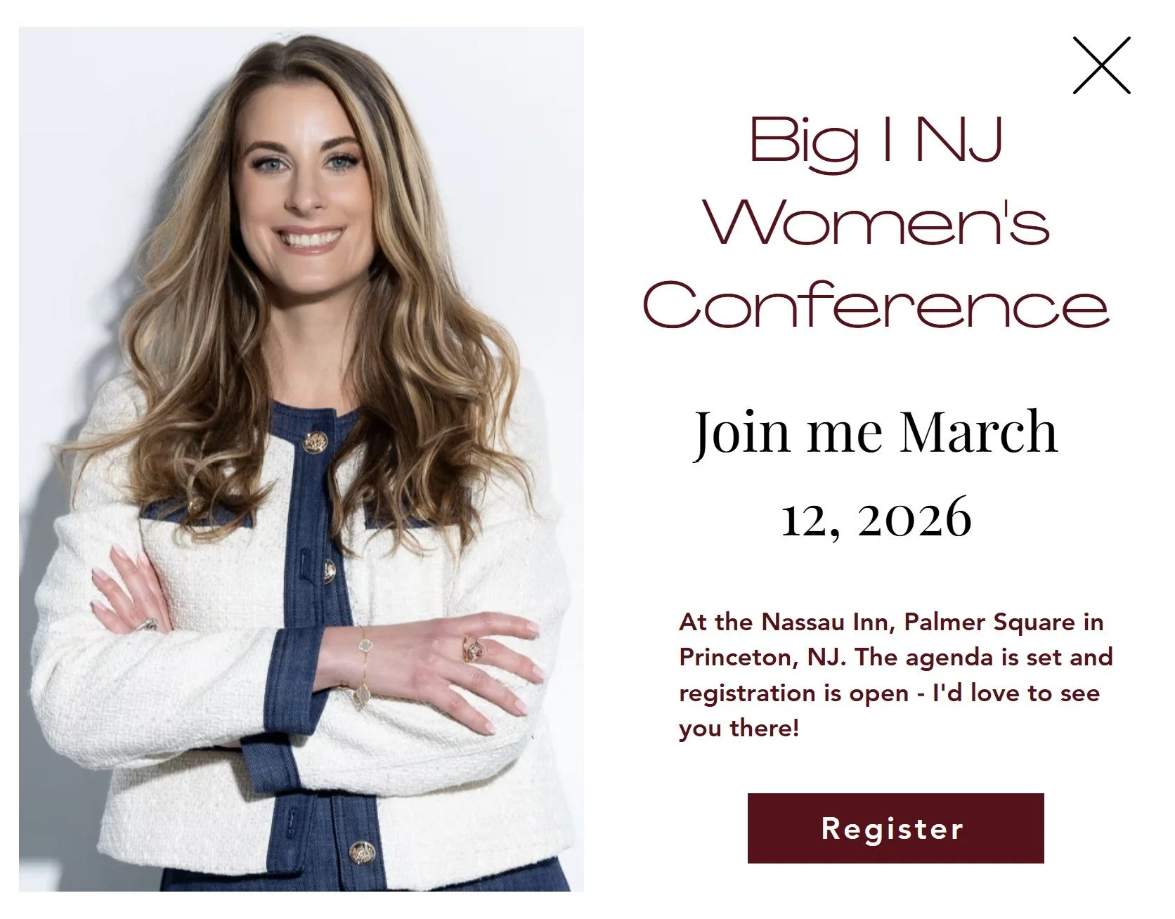 Promotional flyer for Big I NJ Women's Conference featuring a smiling woman with long wavy blonde hair wearing a beige and navy blue jacket, crossing her arms, with event details on the right side.