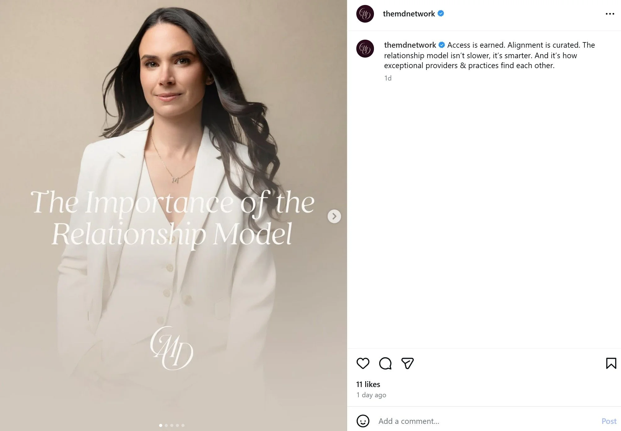 A woman with long dark hair wearing a white blazer and beige top, holding a necklace with an 'M' pendant, standing against a neutral background, with the overlay text 'The Importance of the Relationship Model'.