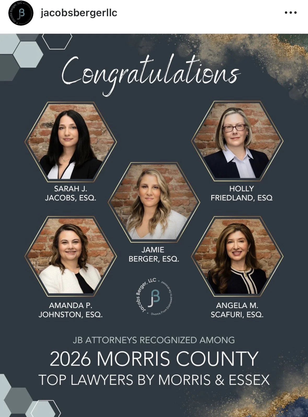 A digital collage featuring five professional headshots of female lawyers in hexagon frames on a dark background with geometric accents and gold paint splatter. The text reads 'Congratulations' at the top and 'JB Attorneys Recognized Among 2026 Morri