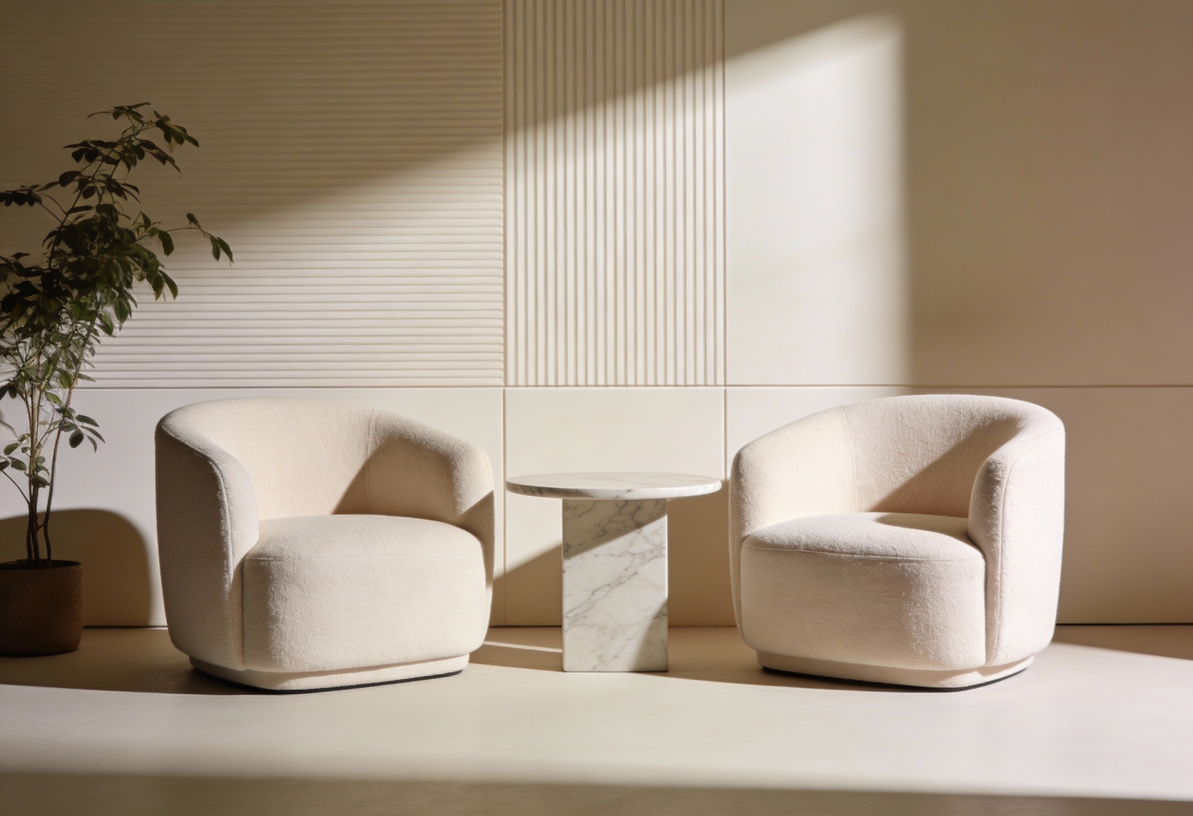 Zwei weiße, moderne, gepolsterte Sessel vor einer Wand mit vertikalen Linien, zwischen ihnen ein kleiner runder Tisch aus Marmor, links im Bild eine Topfpflanze.