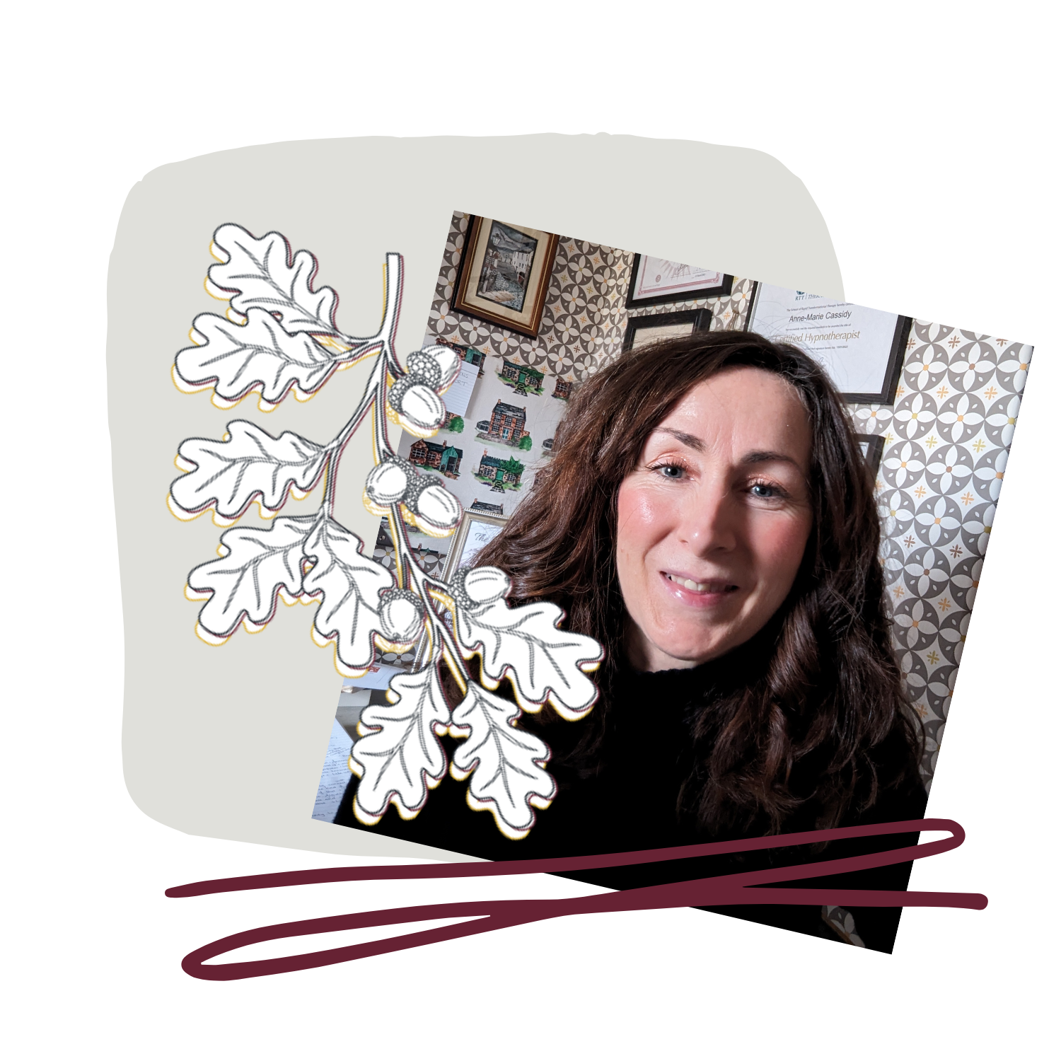 Graphic showing Anne-Marie Cassidy, in her home office, with an acorn branch and squiggle graphic respresenting her hypnosis package logo.