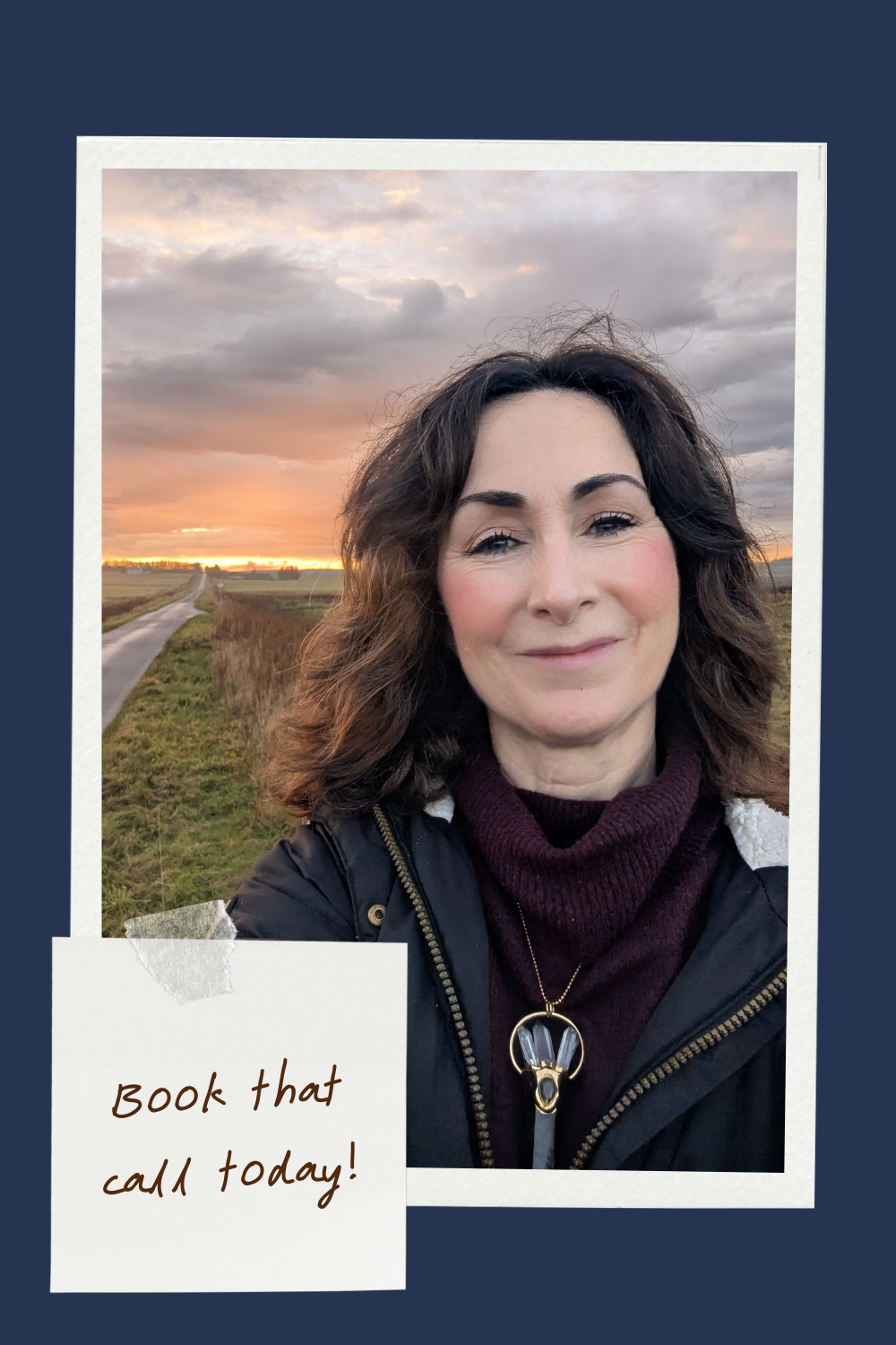 Anne-Marie Cassidy standing with a sunset backdrop. Text reads 'book that call today'.
