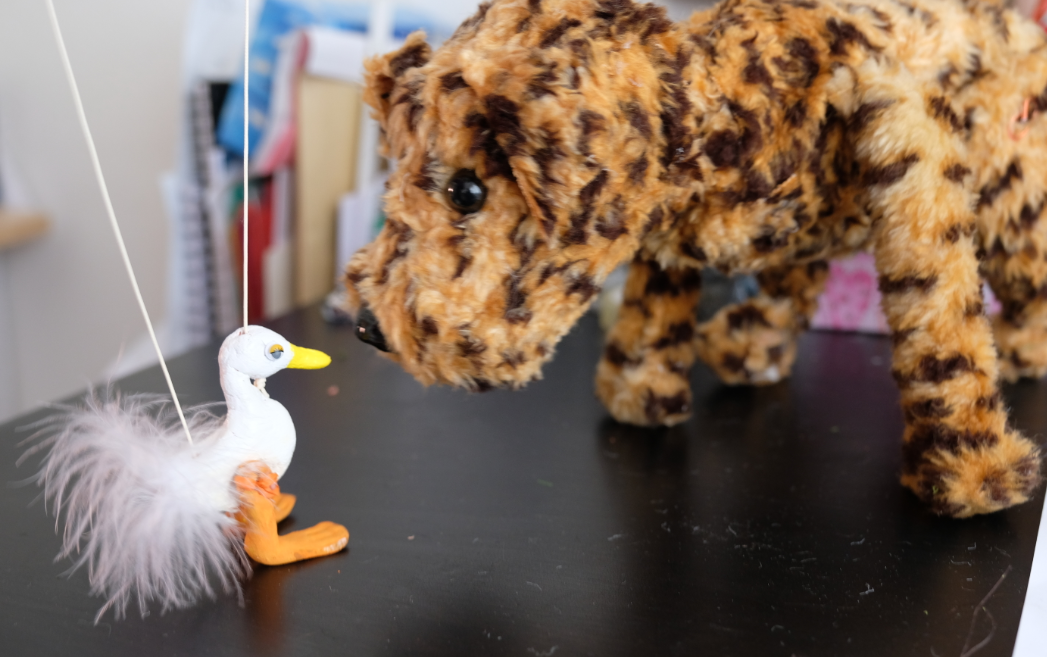 Rod puppet from recycled materials. 2 string marionette air drying clay. Dog and duck.PNG