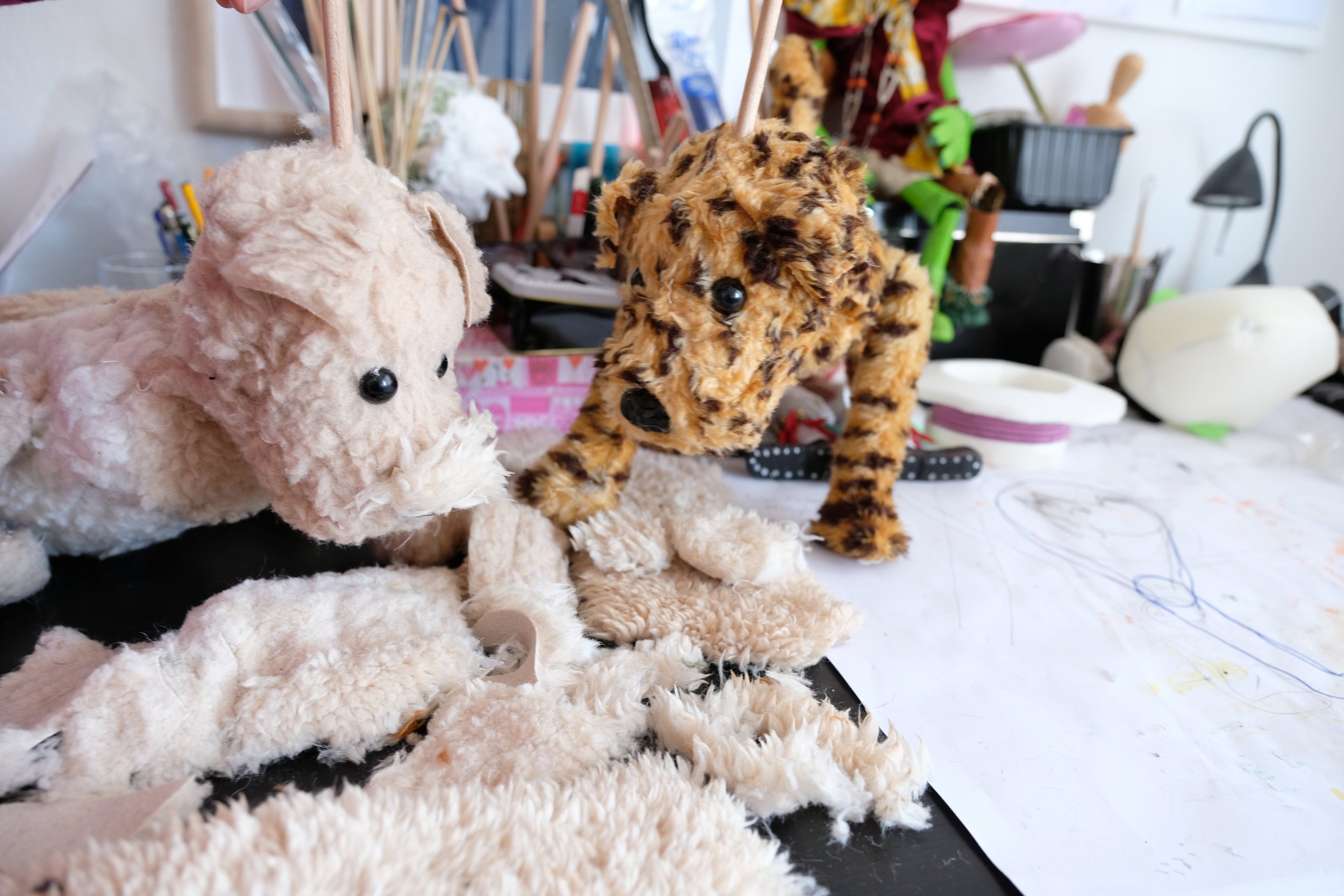 Rod puppet from recycled materials. Oliver destroys his new blanket.JPG