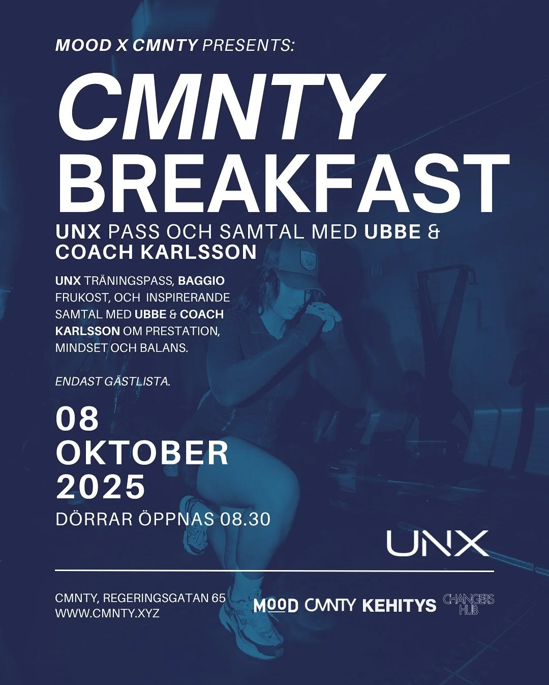 CMNTY Breakfast den 8 oktober💪🏽

Ett morgonevent med @unxgym tr&auml;ningspass, @baggio_kaffebar frukost och samtal med @ubaldo.nino och Coach Karlsson om prestation, mindset och balans. 
D&ouml;rrarna &ouml;ppnas 08:30 p&aring; Regeringsgatan 65. 
