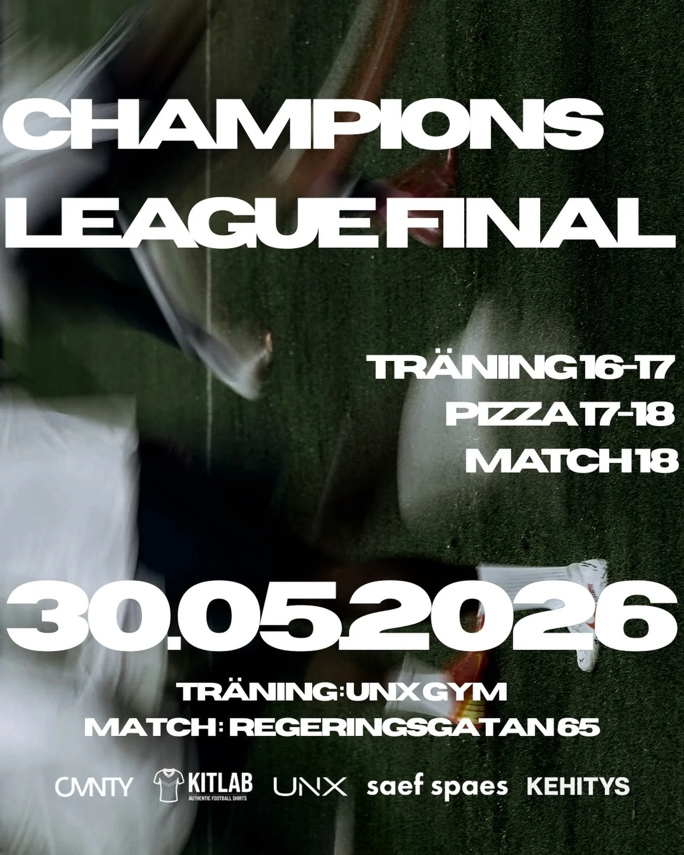 CMNTY visar Champions League finalen 30 maj⚽️

Kom och se matchen med oss. Vi bjuder p&aring; mat, dryck och sk&ouml;n st&auml;mning p&aring; Regeringsgatan 65!

16.00 Tr&auml;ning med @unxgym (begr&auml;nsat antal platser)
17.00 Pizza &amp; uppladdn