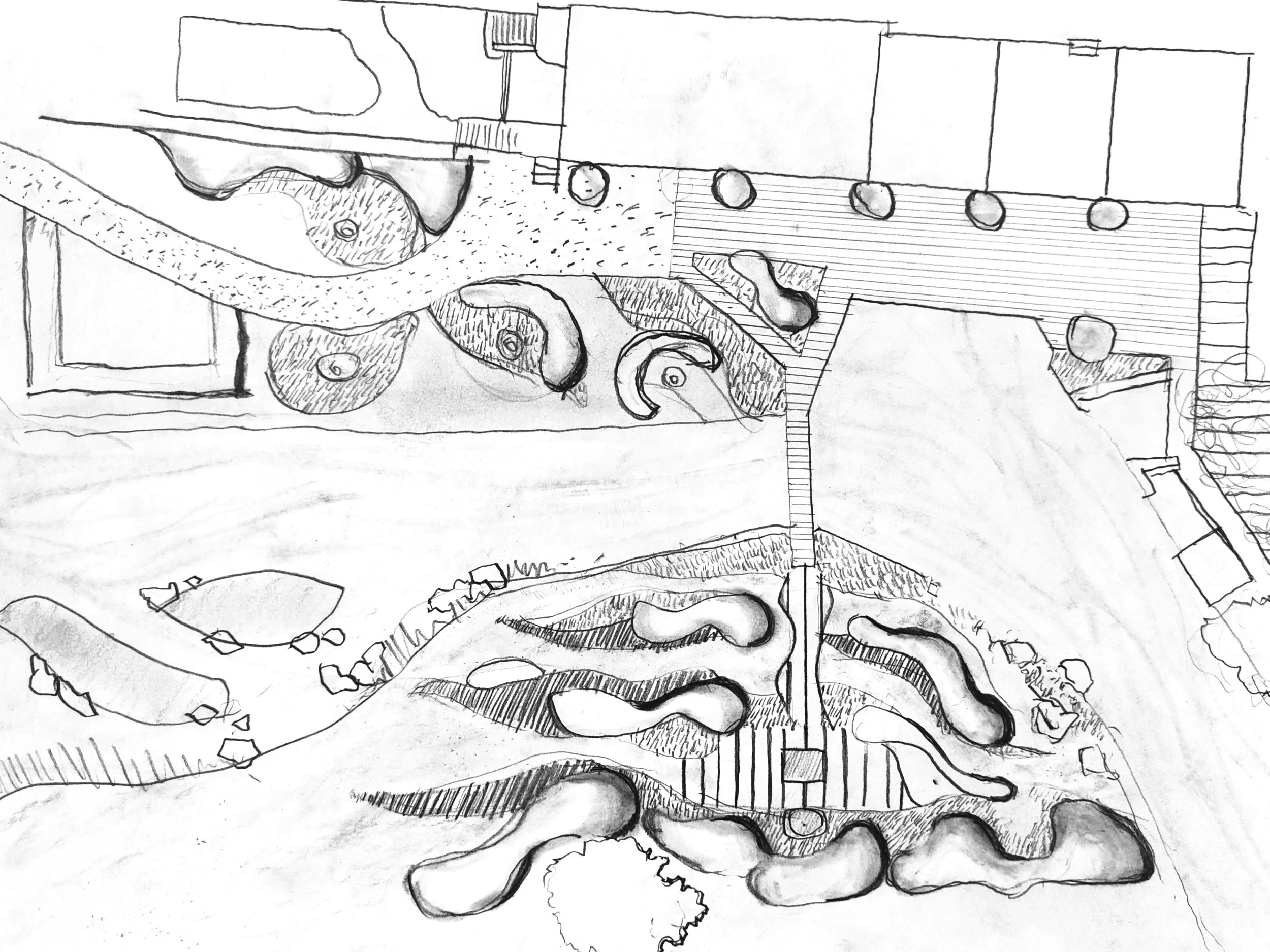Plan esquissé d’un jardin de château à Gouvieux, organisation des circulations et des massifs, base de schéma directeur et phasage du projet.