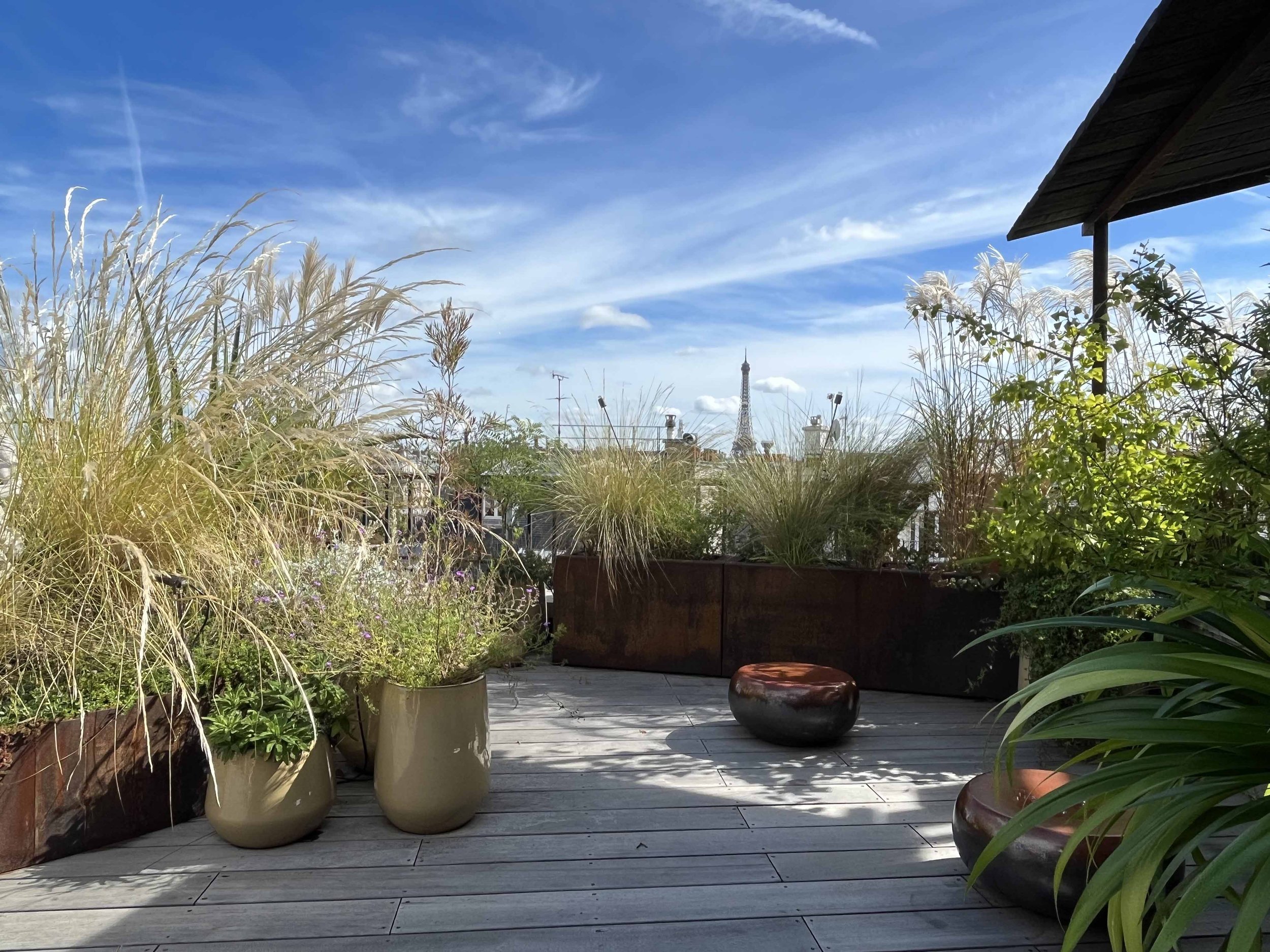 Aménagement de terrasse de toit à Paris par Simonson Landscape, avec graminées, bacs en acier Corten et vue sur la Tour Eiffel