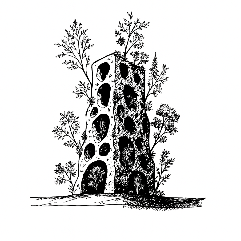 Esquisse de végétalisation de bâtiment imaginant une façade capable d’accueillir plantes, interstices et biodiversité.