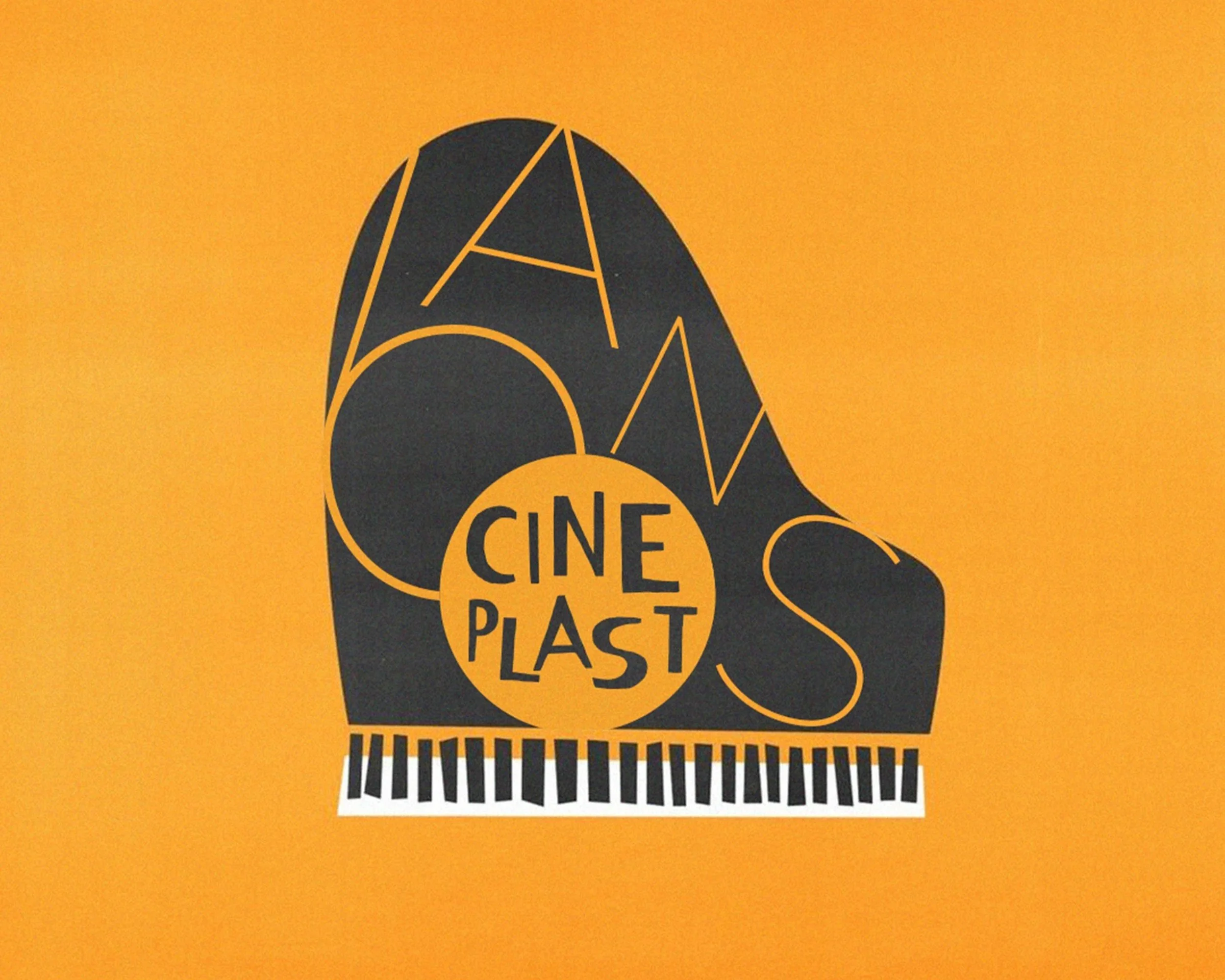 Design gráfico com fundo amarelo e uma imagem estilizada de uma fita de filme de cinema em preto, com uma roda de filme na parte inferior. Dentro do círculo amarelo na fita, está escrito 'CINE PAST'.