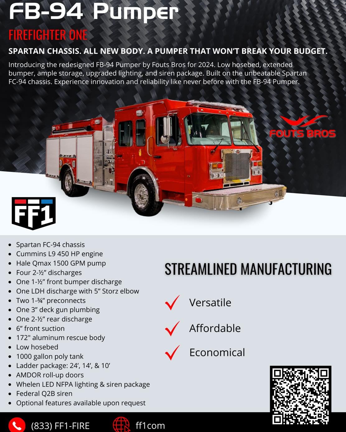 Our Fouts Bros Pumpers are available now! The new 2024 model has been designed with an extremely LOW hose bed!! Check out some specifics below. If you think this pumper would fit great in your department and budget reach out to us today!!

@foutsbros