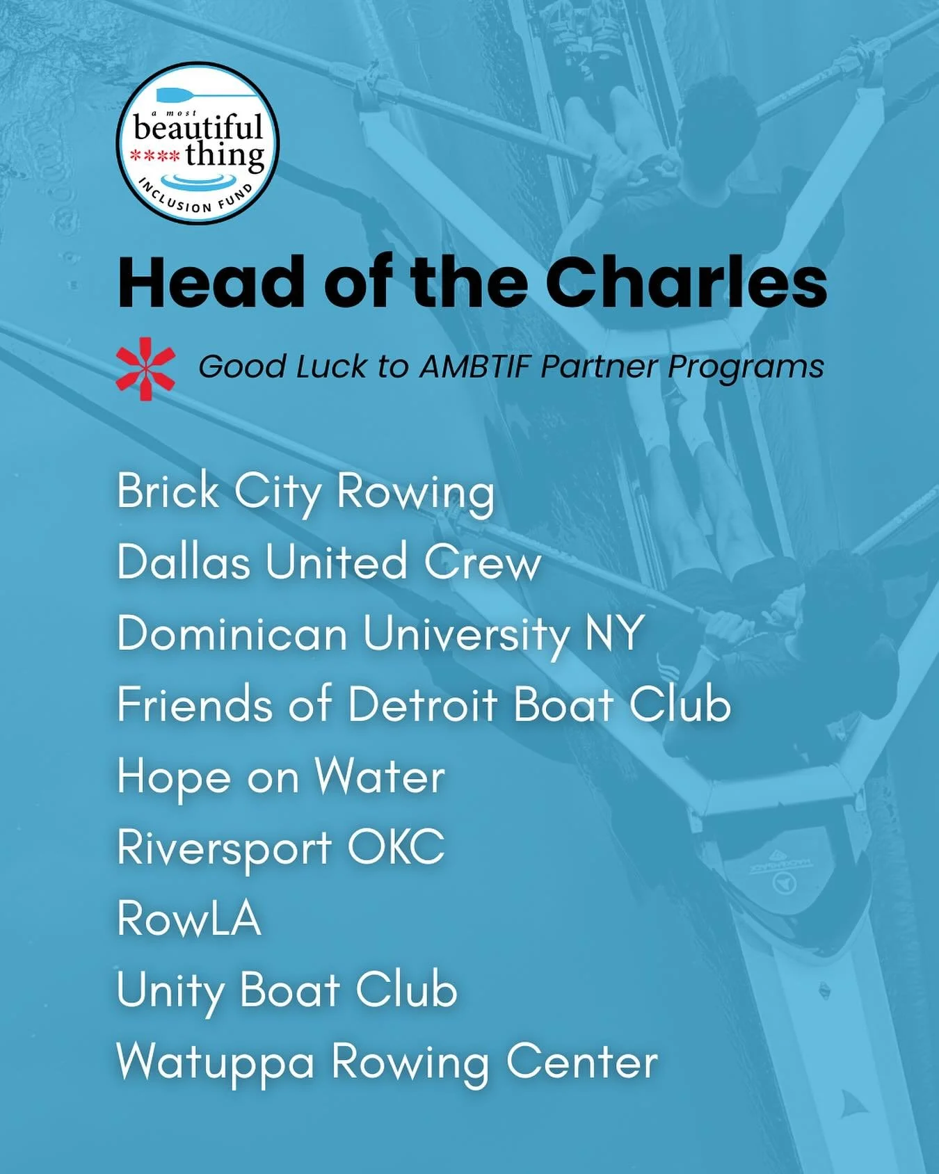 Good luck to all the AMBTIF partner program crews racing at the 60th Head of the Charles! 🎉 Your hard work, heart, and teamwork bring inclusion to life on the water. We&rsquo;re cheering you on every stroke of the way! #AMBTIF