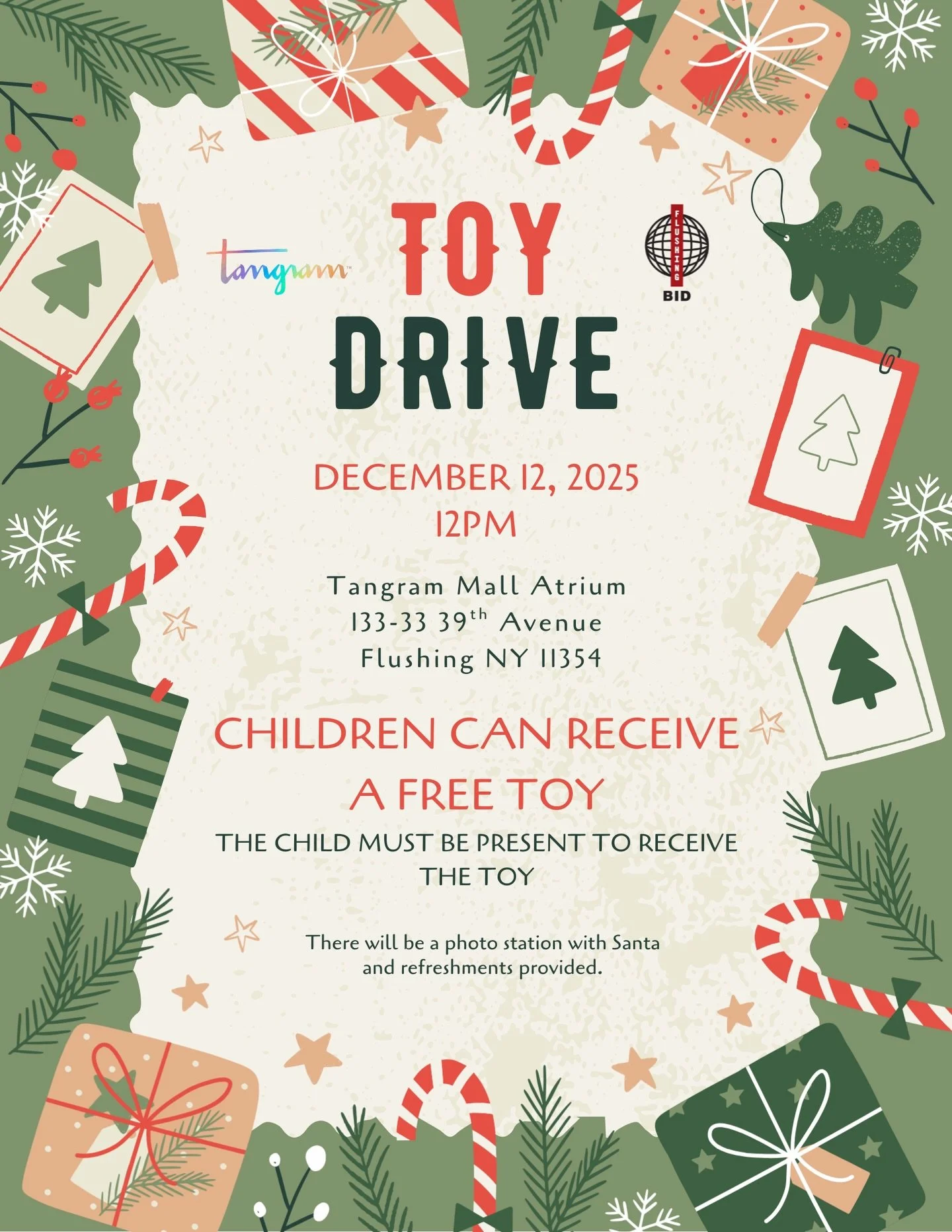 🎁✨ Flushing BID Holiday Toy Drive ✨🎁
We&rsquo;re spreading holiday cheer again this year.

Join us on December 12 at 12PM in the @tangramnyc Atrium as we give out free toys to children in our community. Every child must be present to receive a toy.