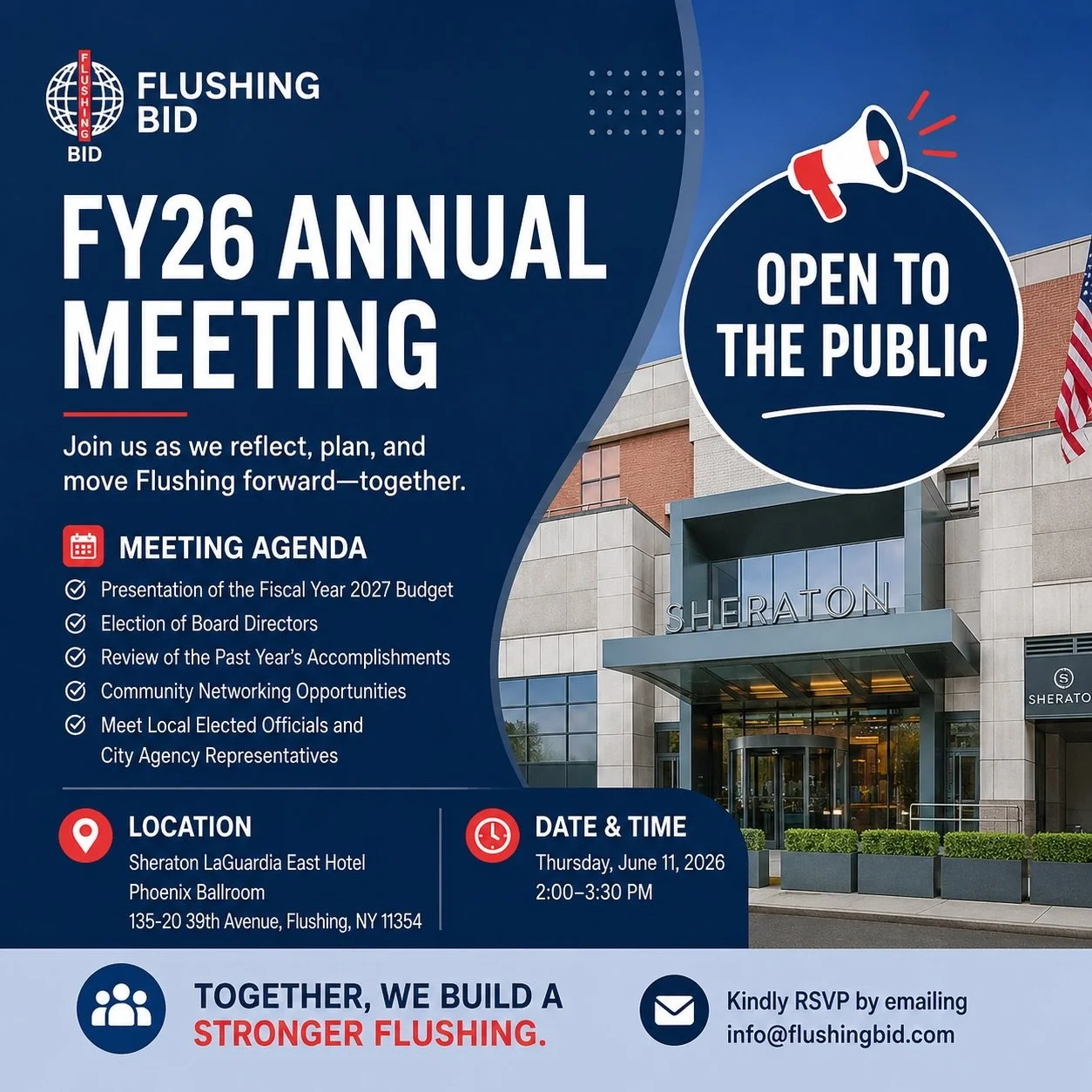 📢 Join Us at the Flushing BID 2026 Annual Meeting

Flushing BID is pleased to invite business owners, community members, stakeholders, and residents to our 2026 Annual Meeting.

Come learn about the accomplishments of the past year, hear about plans