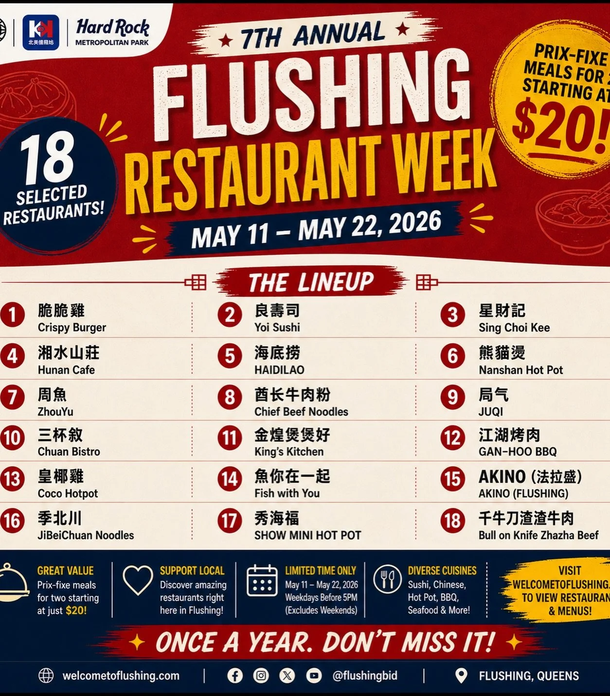 🍜🔥 READY TO EAT YOUR WAY THROUGH FLUSHING?

5TH ANNUAL FLUSHING RESTAURANT WEEK IS HERE

📅 May 11 &ndash; May 22

We&rsquo;re talking:
🥢 17 restaurants - Yoi Sushi  no longer be participating 
🍣 Sushi, hot pot, BBQ &amp; more
💥 Special meals fo