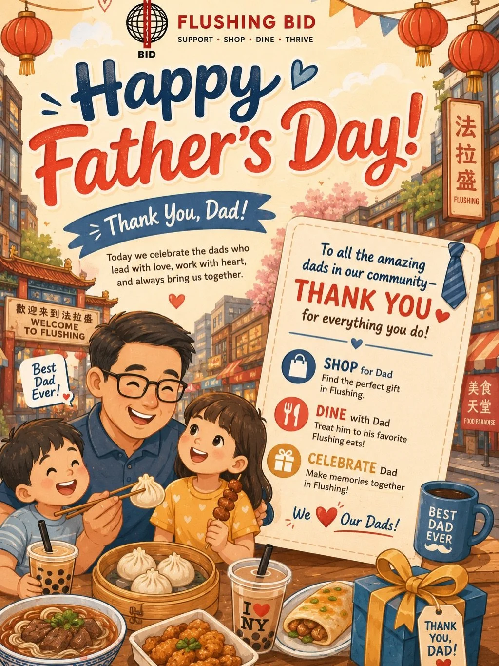 Happy Father&rsquo;s Day from Flushing BID! 💙

Today, we celebrate the dads, grandfathers, father figures, and role models who make our community stronger every day.

Whether it&rsquo;s sharing a meal together, exploring your favorite local spots, o