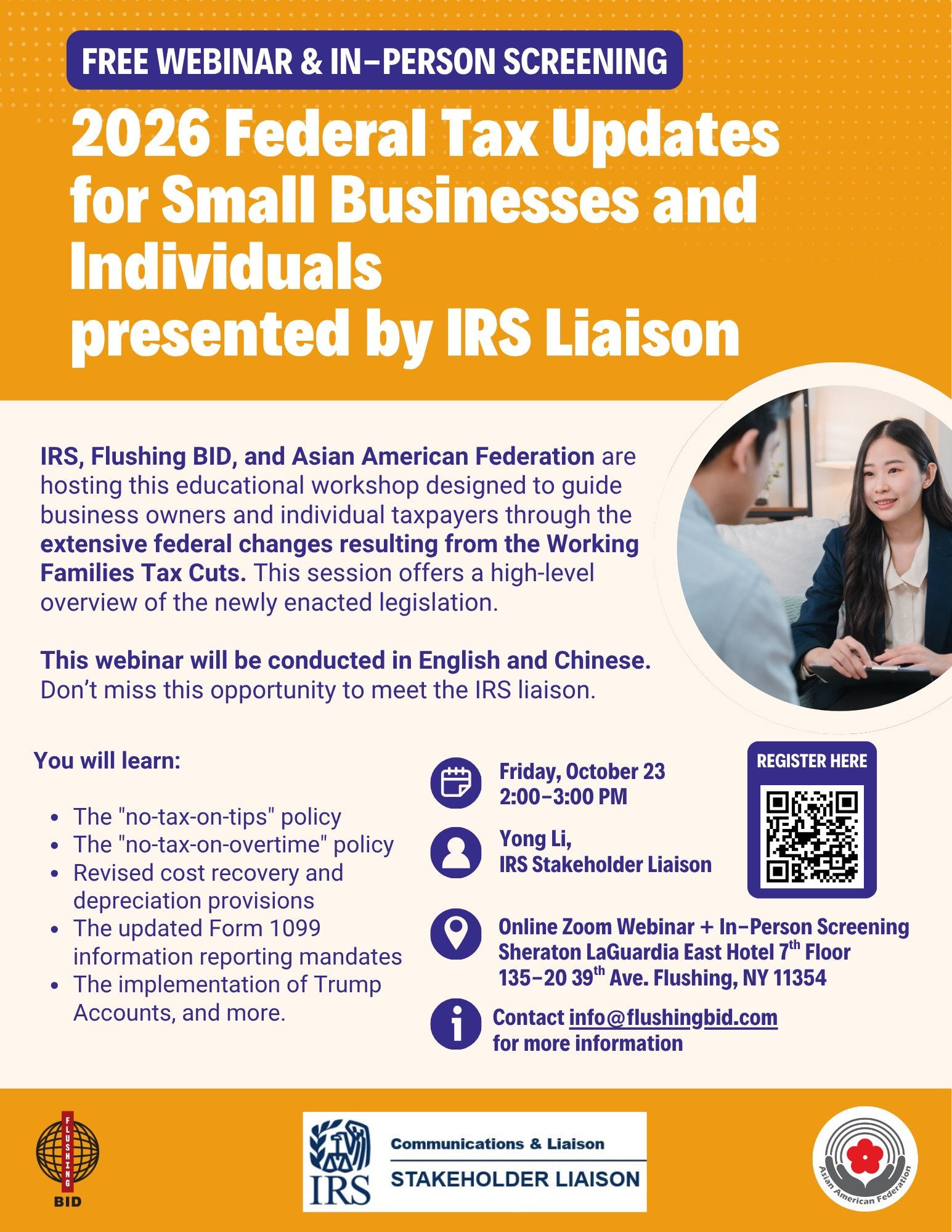 Big tax changes are here, and small business owners should know what they mean. 📊💼

Join Flushing BID, the IRS, and the Asian American Federation for a FREE webinar + in-person screening covering key 2026 federal tax updates for small businesses an