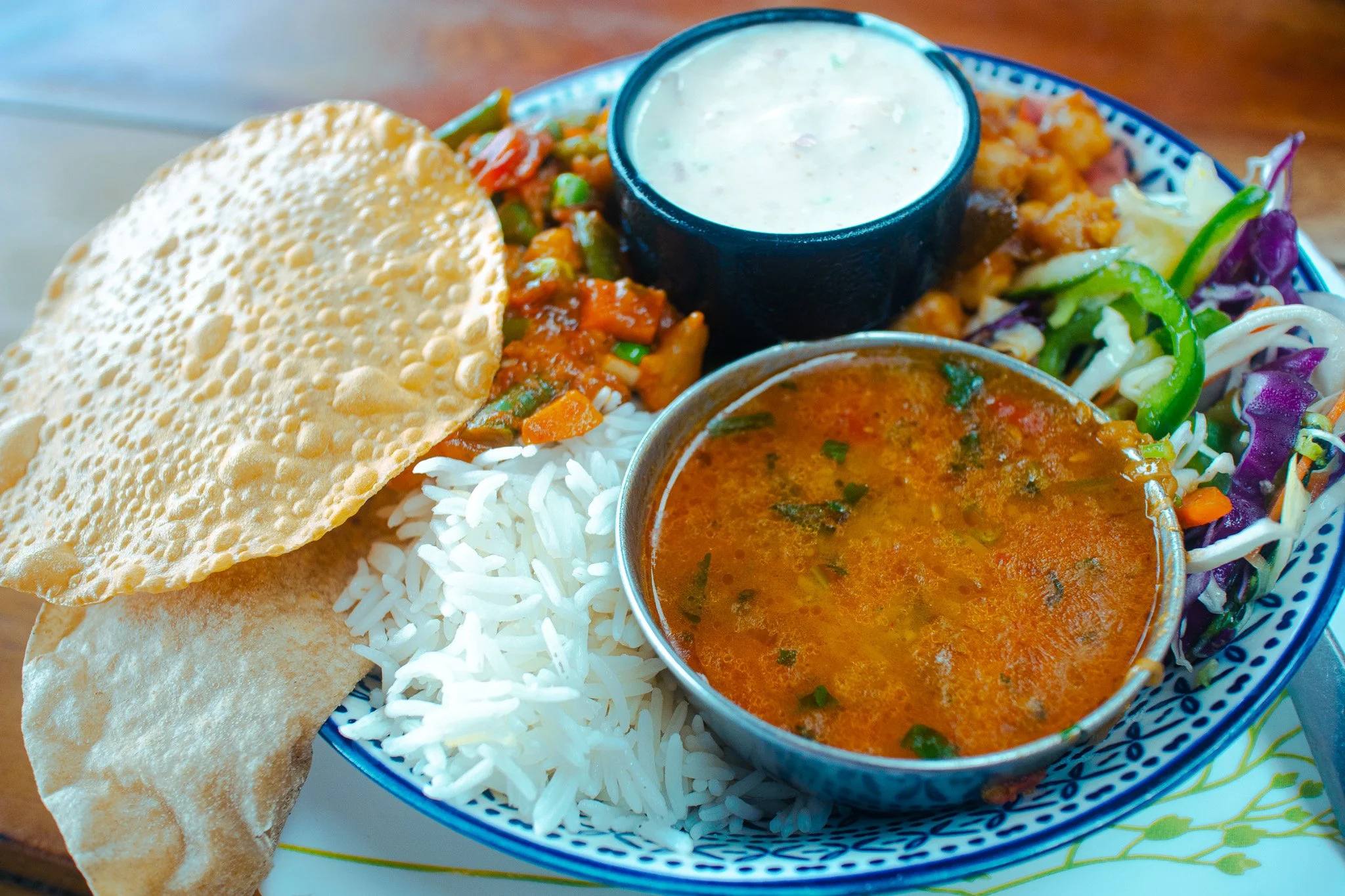 Healthy dinner, Indian lentils stew with salad and rice