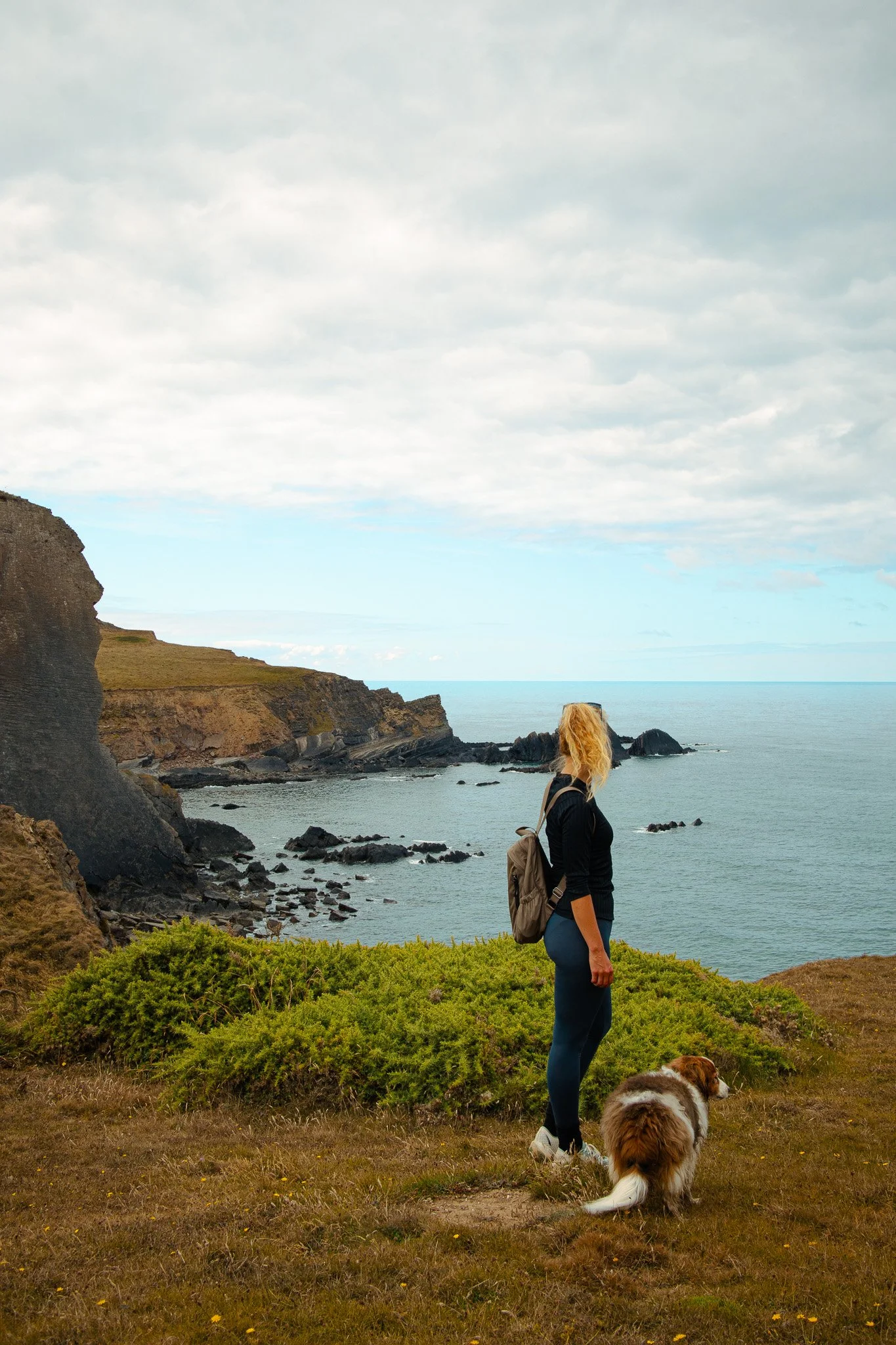 Woman and her dog looking out on the sea with cliffs
