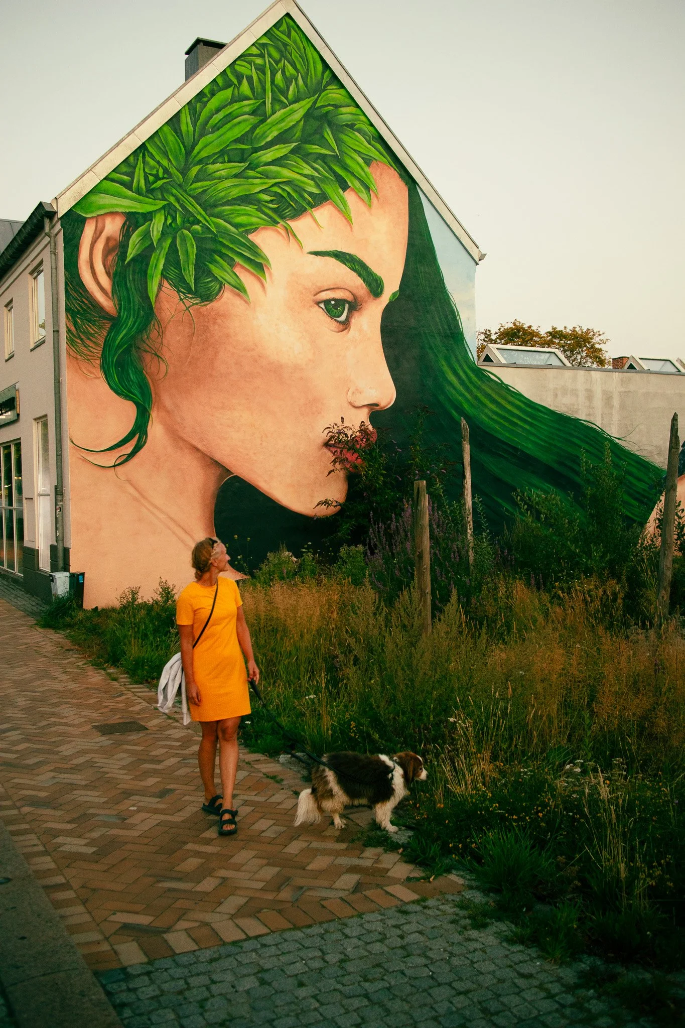 Woman with her dog walking in front of colorful street art in Denmark