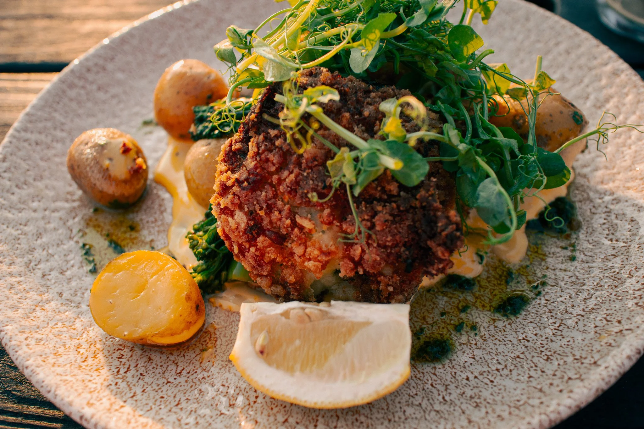 Fish cake, potatoes, lemon