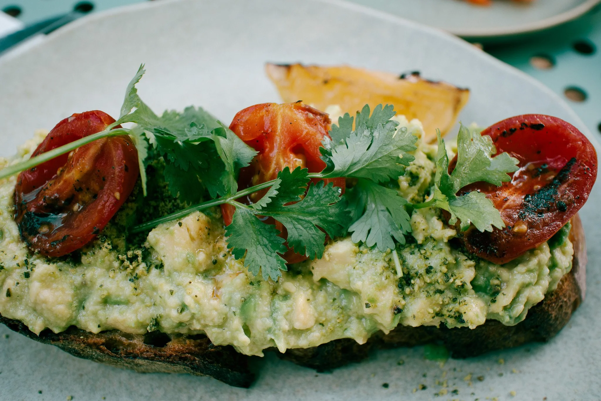 Avocado toast with cherry tomatoes and parsley