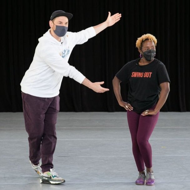 Dancer, Michael Jagger, and dancer and Braintrust member LaTasha Barnes teaching dancers of The School at Jacob's Pillow. Jagger on the left and Barnes on the right wearing SW!NG OUT t-shirt.